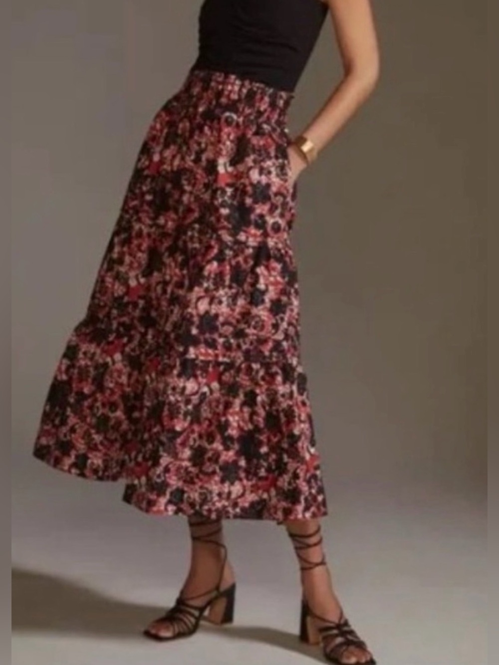 ANTHROPOLOGIE MAEVE Somerset Maxi Skirt Red Black Floral L